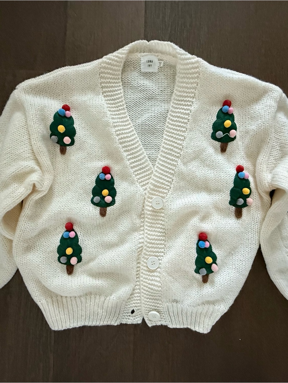 Luna Joy Cream Holiday Tree Appliqué Cardigan